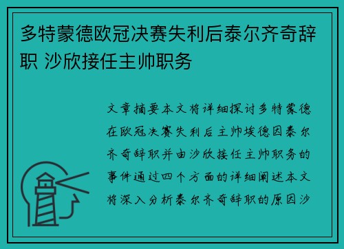 多特蒙德欧冠决赛失利后泰尔齐奇辞职 沙欣接任主帅职务